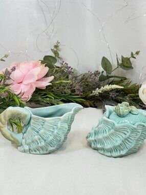 Blue Sky Ceramic Seashell Nautical Turquoise Aqua Sugar & Creamer Bowl Set New